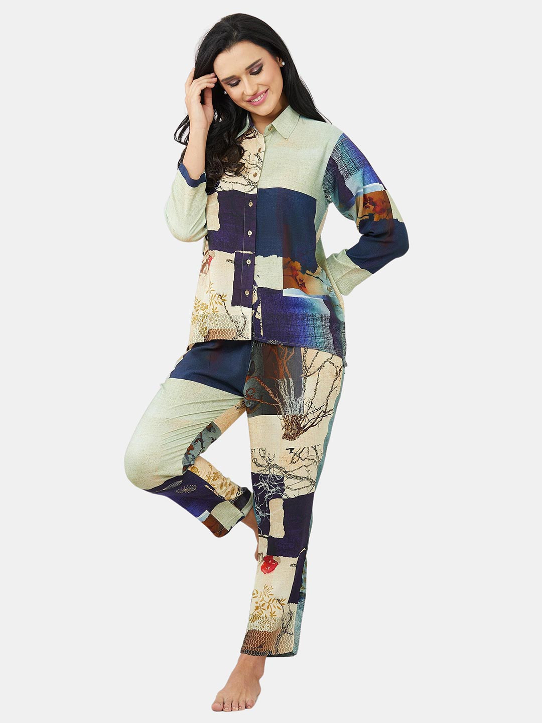 ESTERIA Green & Blue Abstract Printed Twilight Touch Dreamy Night Suit