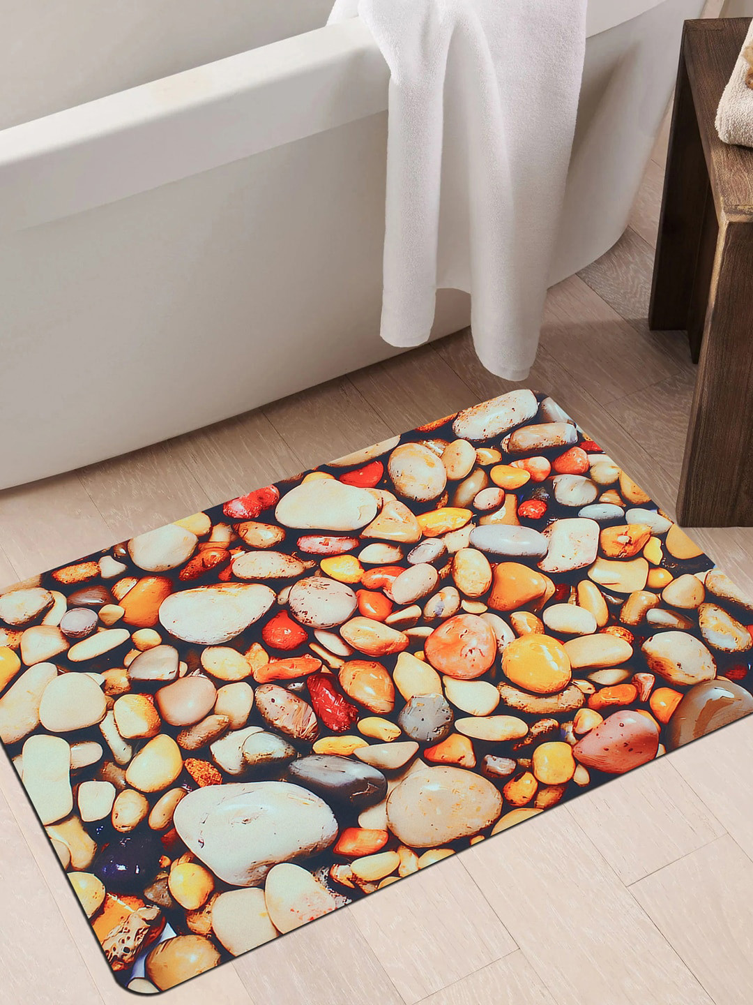 Bedspun Orange Printed 210 GSM Non-Slip Nappa Leather Rectangular Bath Rugs