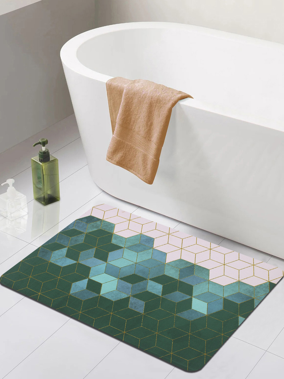 Bedspun Green Printed 210GSM Nappa Leather Rectangular Bath Rugs