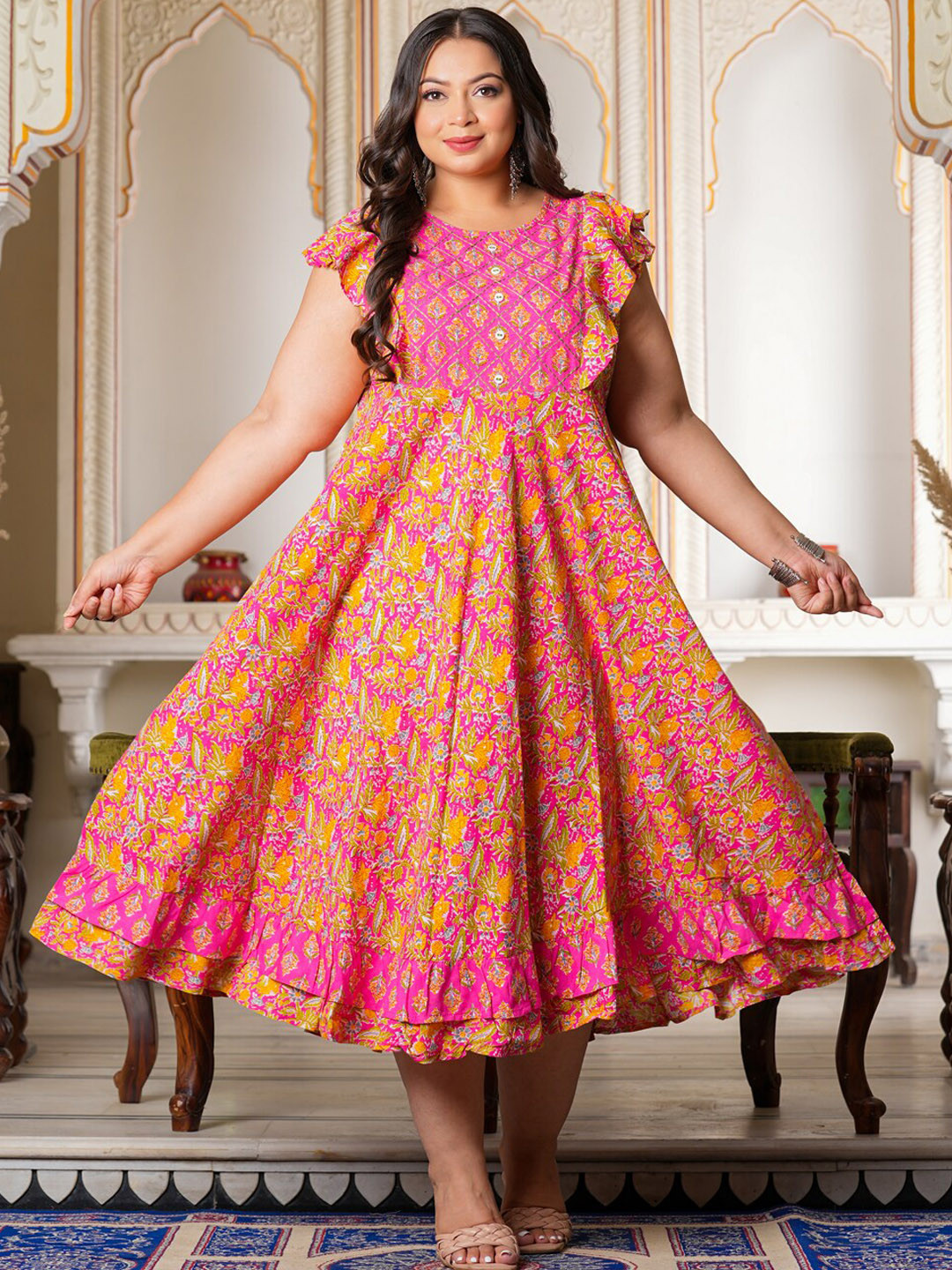 YASH GALLERY Plus Size Floral Printed Flared Sleeves Ethnic A-Line Dresses