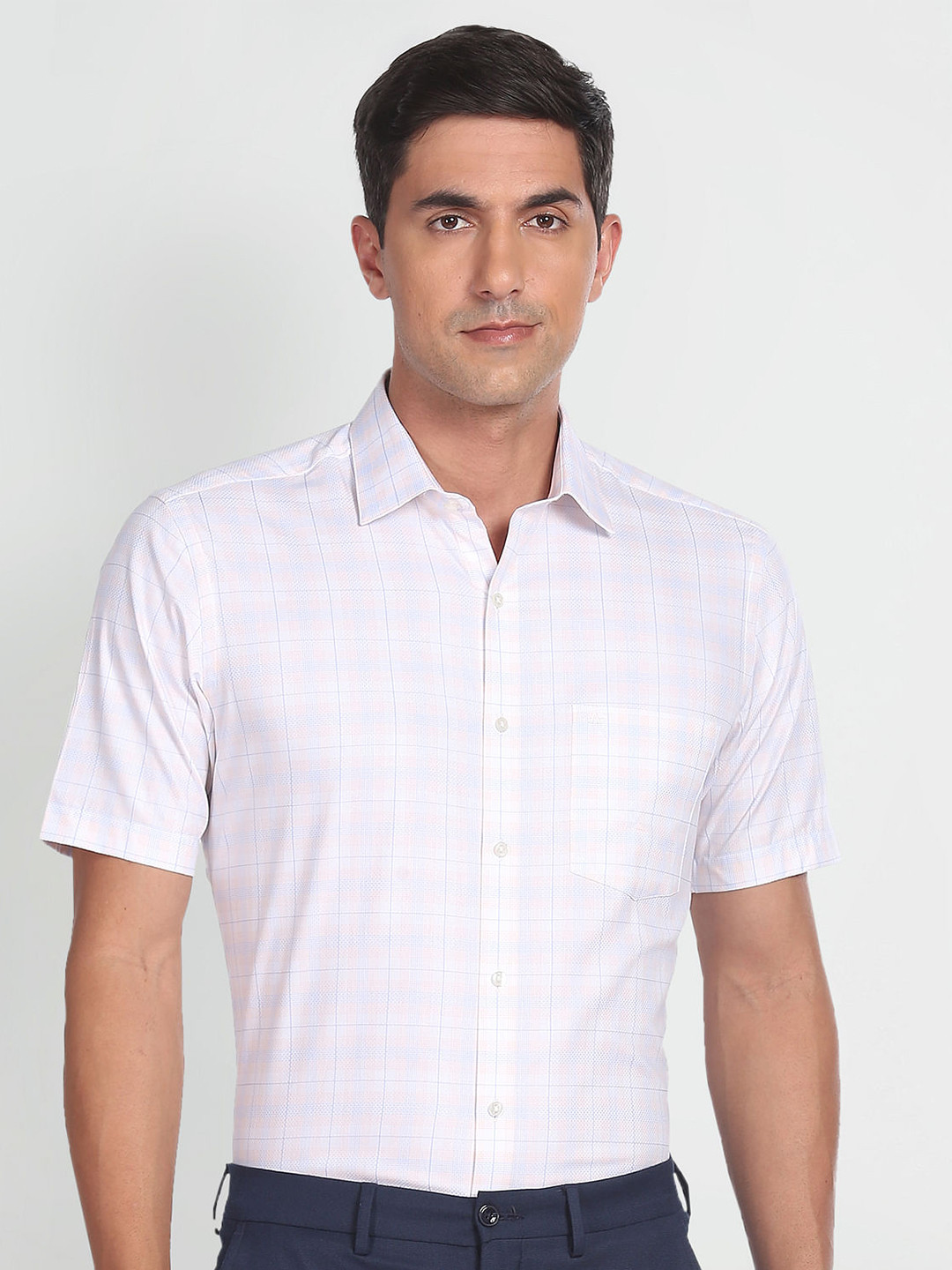 Arrow Tartan Check Spread Collar Long Sleeve Cotton Formal Shirt