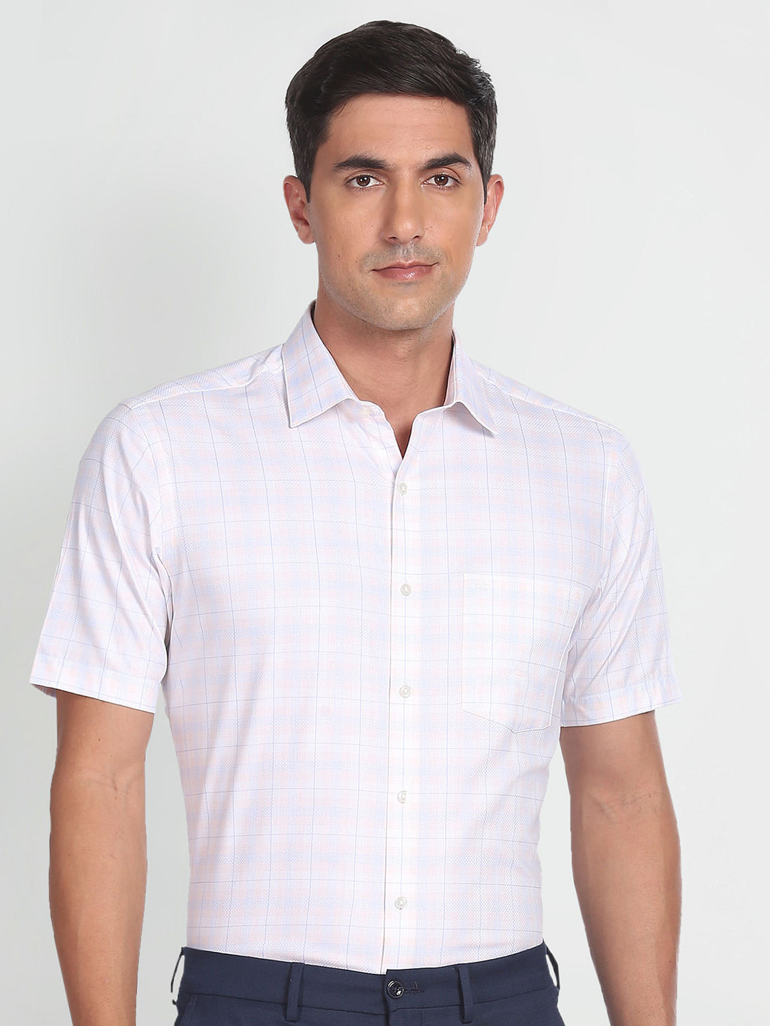 Arrow Tartan Check Spread Collar Long Sleeve Cotton Formal Shirt