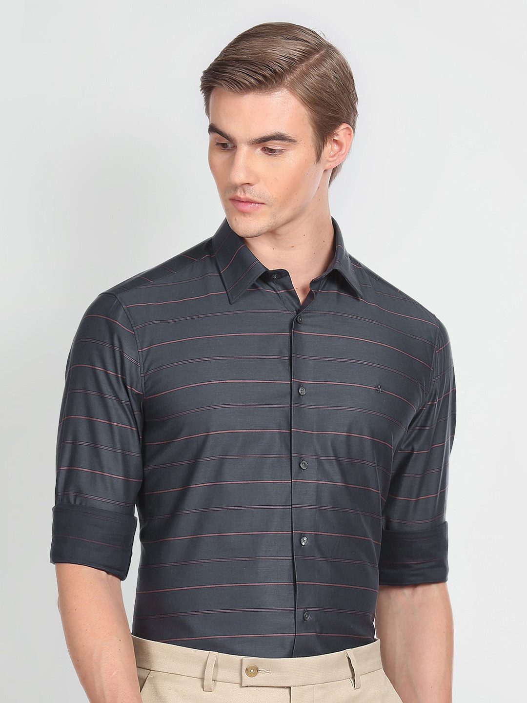 Arrow Horizontal Stripes Spread Collar Long Sleeve Cotton Formal Shirt