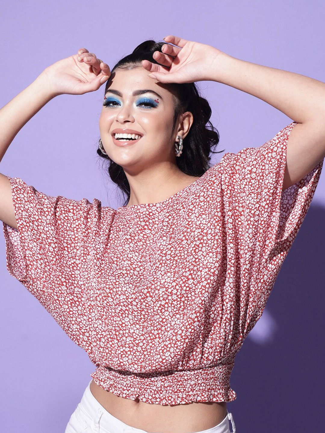 Trend Arrest Floral Printed Extended Sleeves Blouson Crop Top