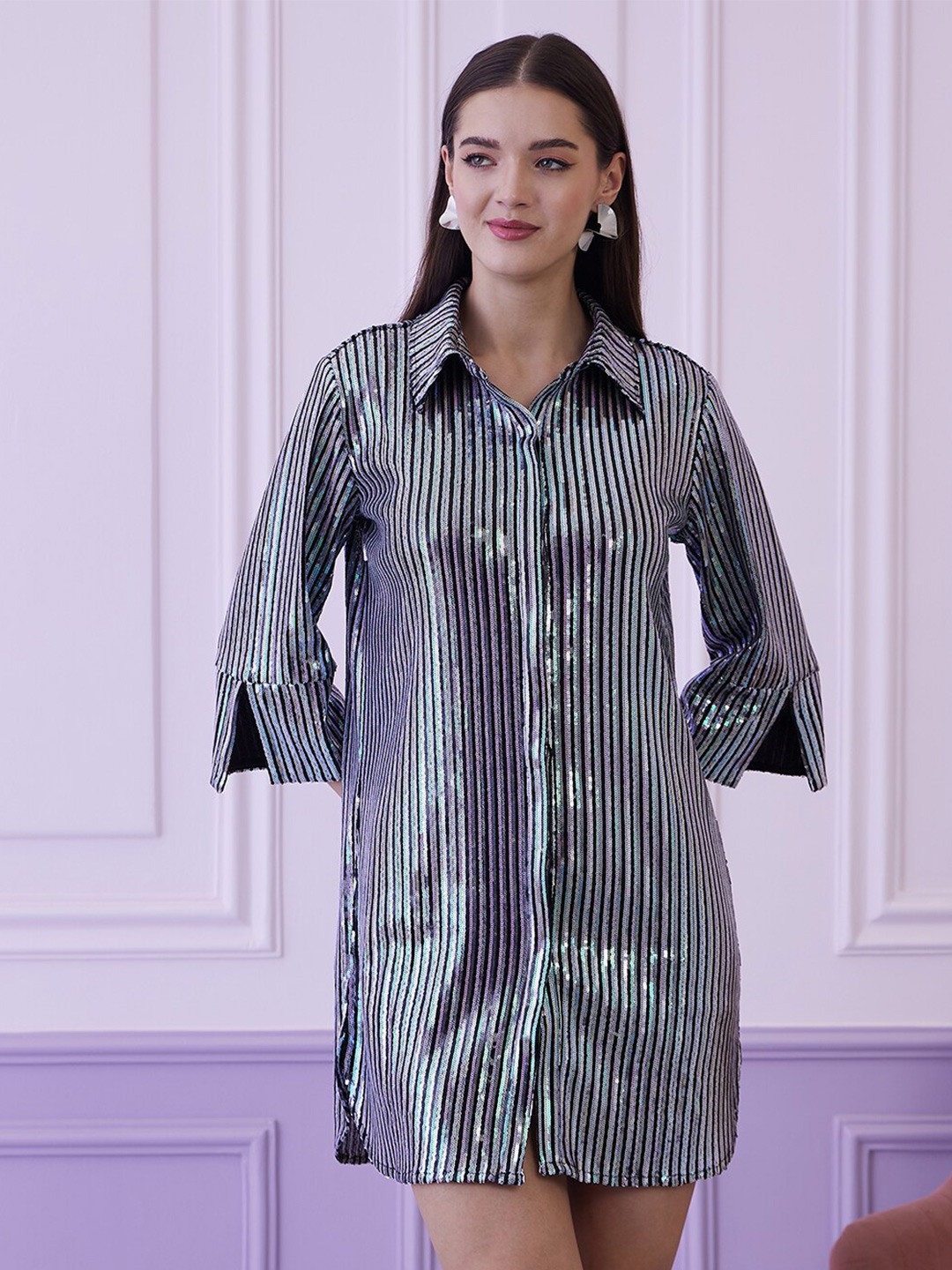 Athena Black & Silver Toned Embellished Shirt Mini Dress
