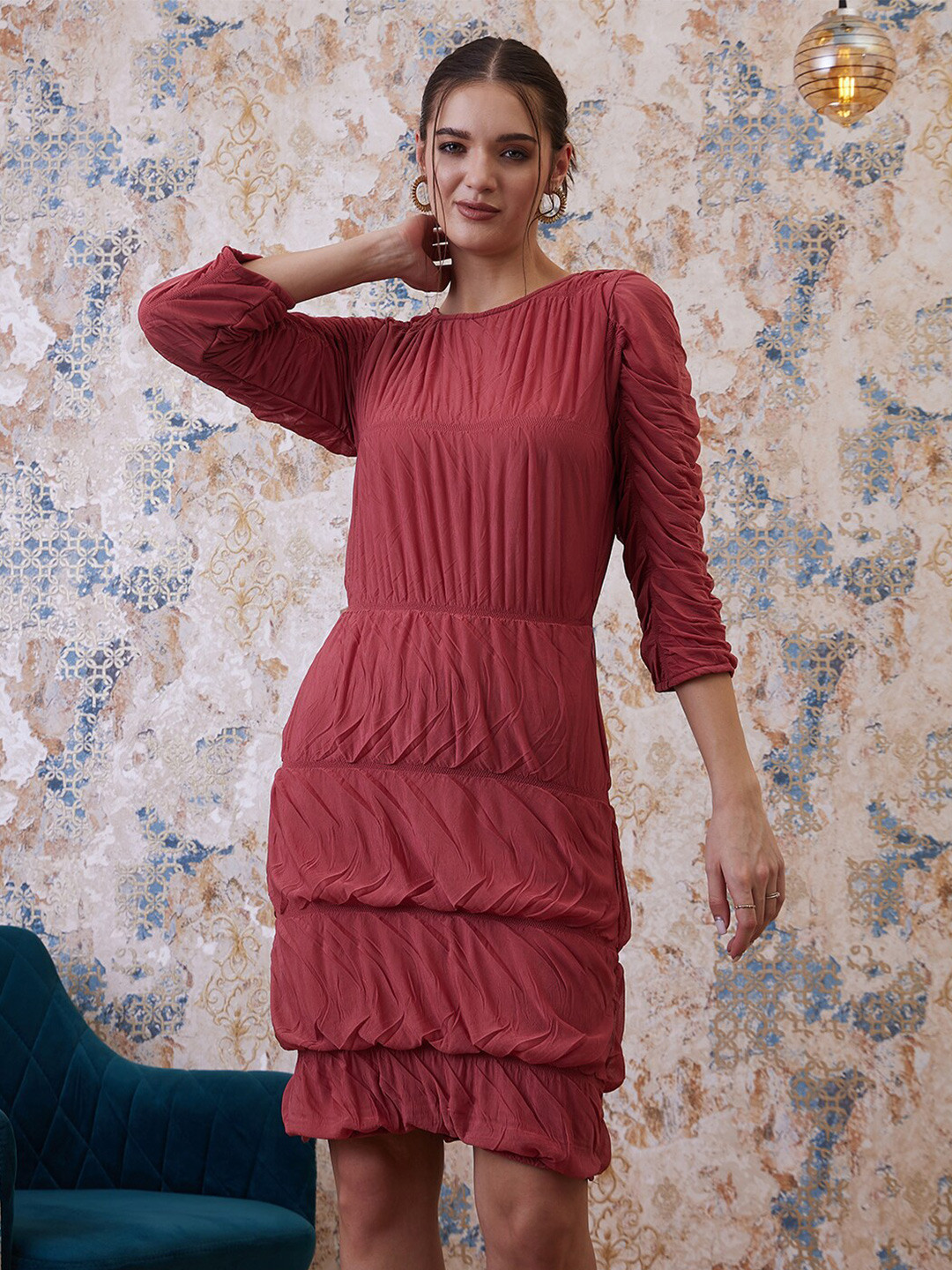 Athena Coral Boat Neck Sheath Dress