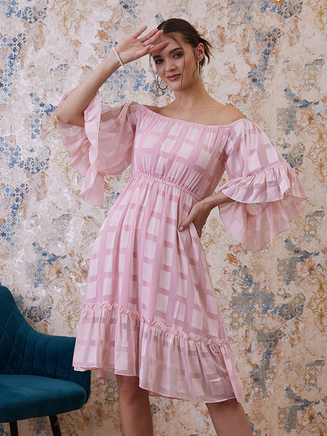 Athena Pink Checked Off-Shoulder Flared Sleeves Chiffon A-Line Dress