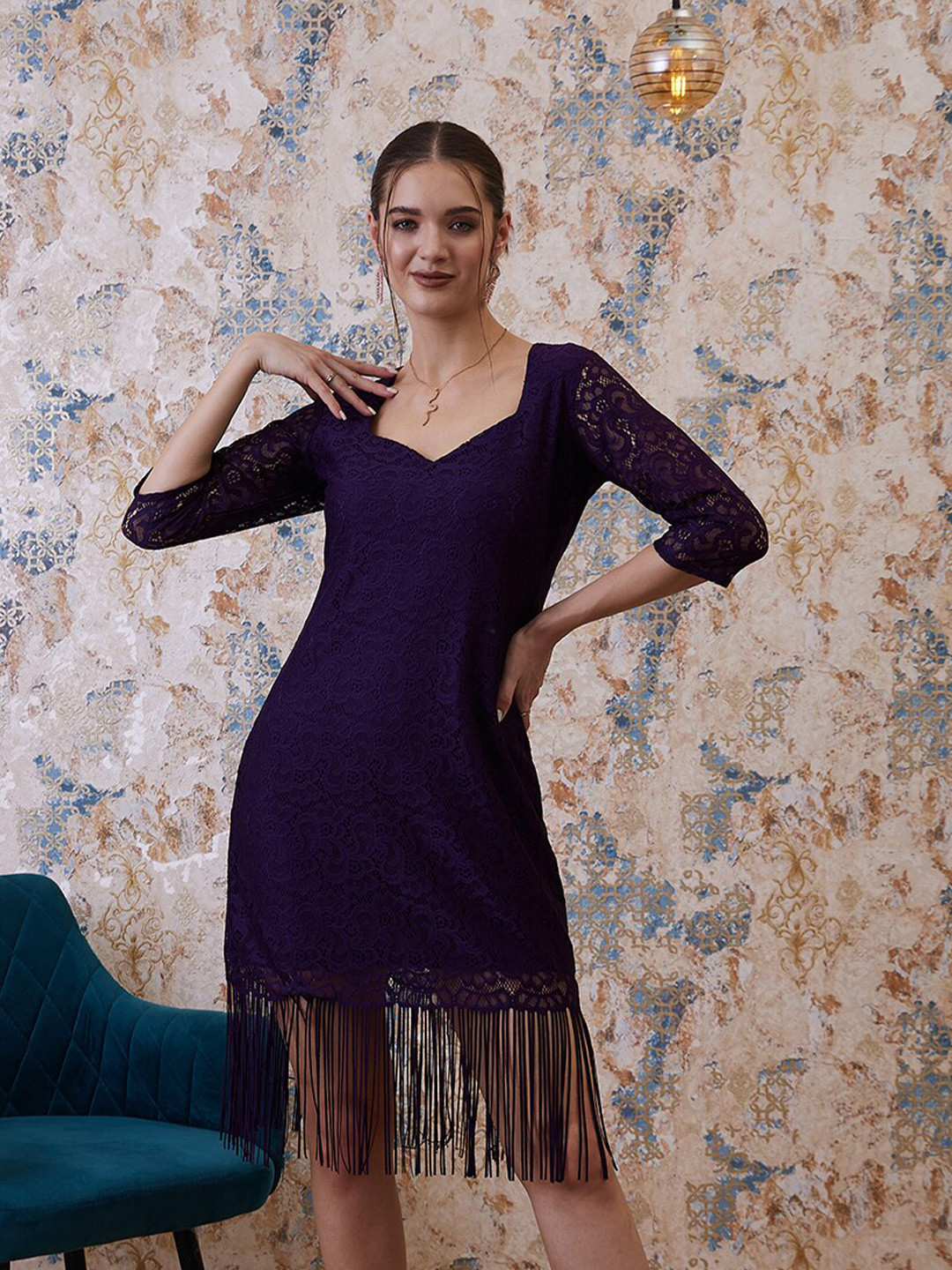 Athena Purple Self Design Fringed Sheath Dress