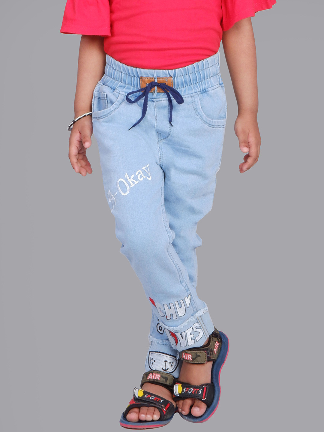 A-Okay Girls Typography Embroidered Slim Fit Clean Look Heavy Fade Cotton Jeans