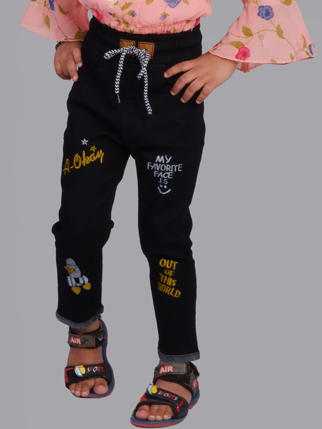 A-Okay Girls Typography Embroidered Slim Fit Clean Look Cotton Jeans