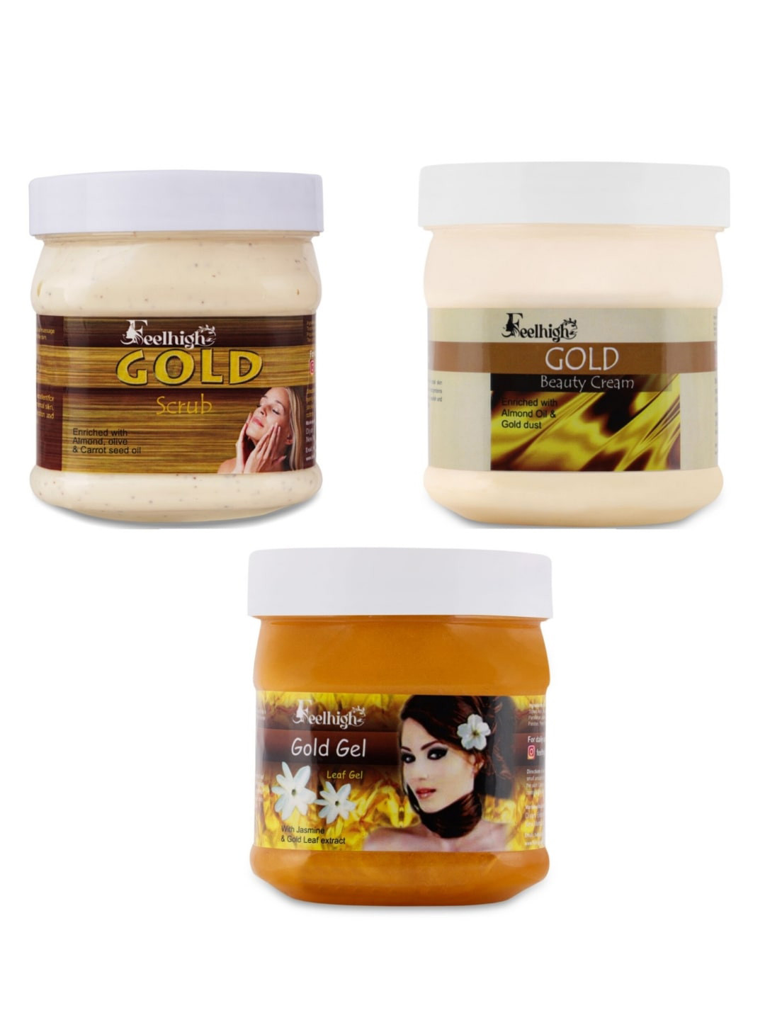FEELHIGH Set of Gold Face Scrub + Face Cream + Face Gel - 500 ml each