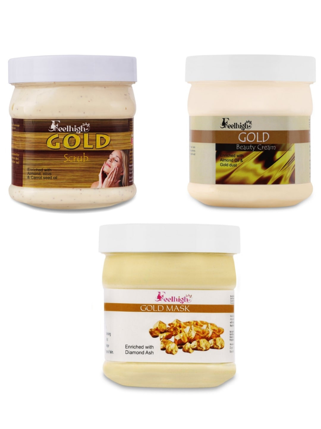 FEELHIGH Set of Gold Face Scrub + Face Cream + Face Mask - 500 ml each