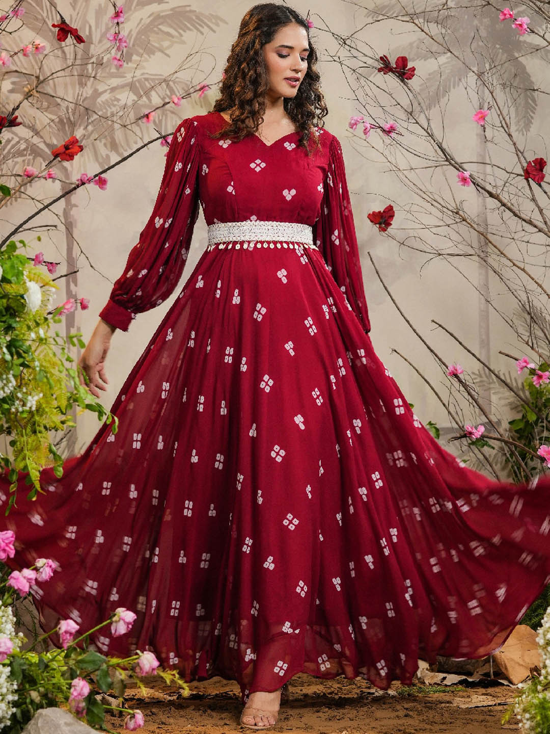 EverBloom Bandhej Printed Puff Sleeves Georgette Ethnic Gown With Belt