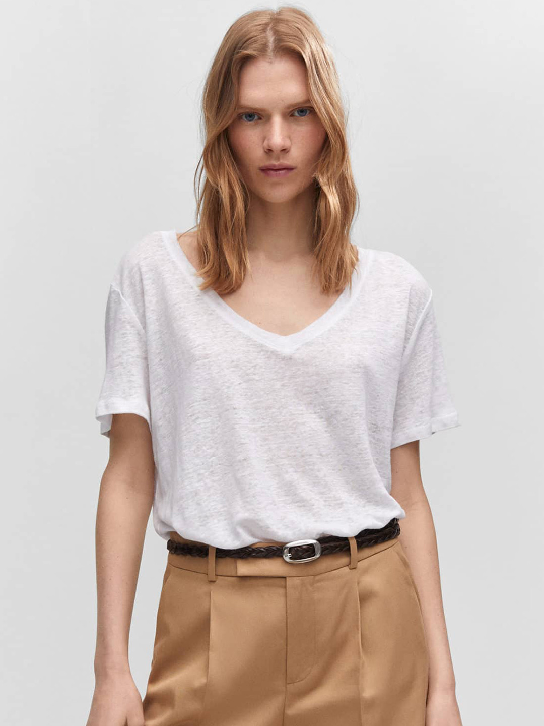 MANGO V-Neck Linen T-shirt