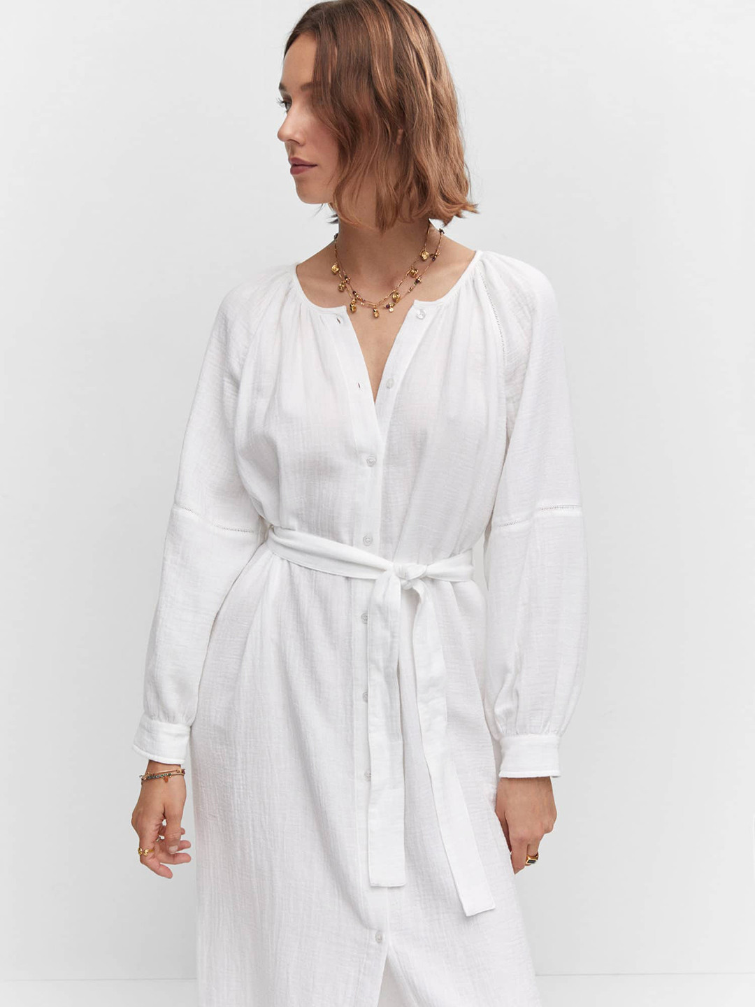 MANGO Pure Cotton A-Line Midi Dress With Tie-Up Belt