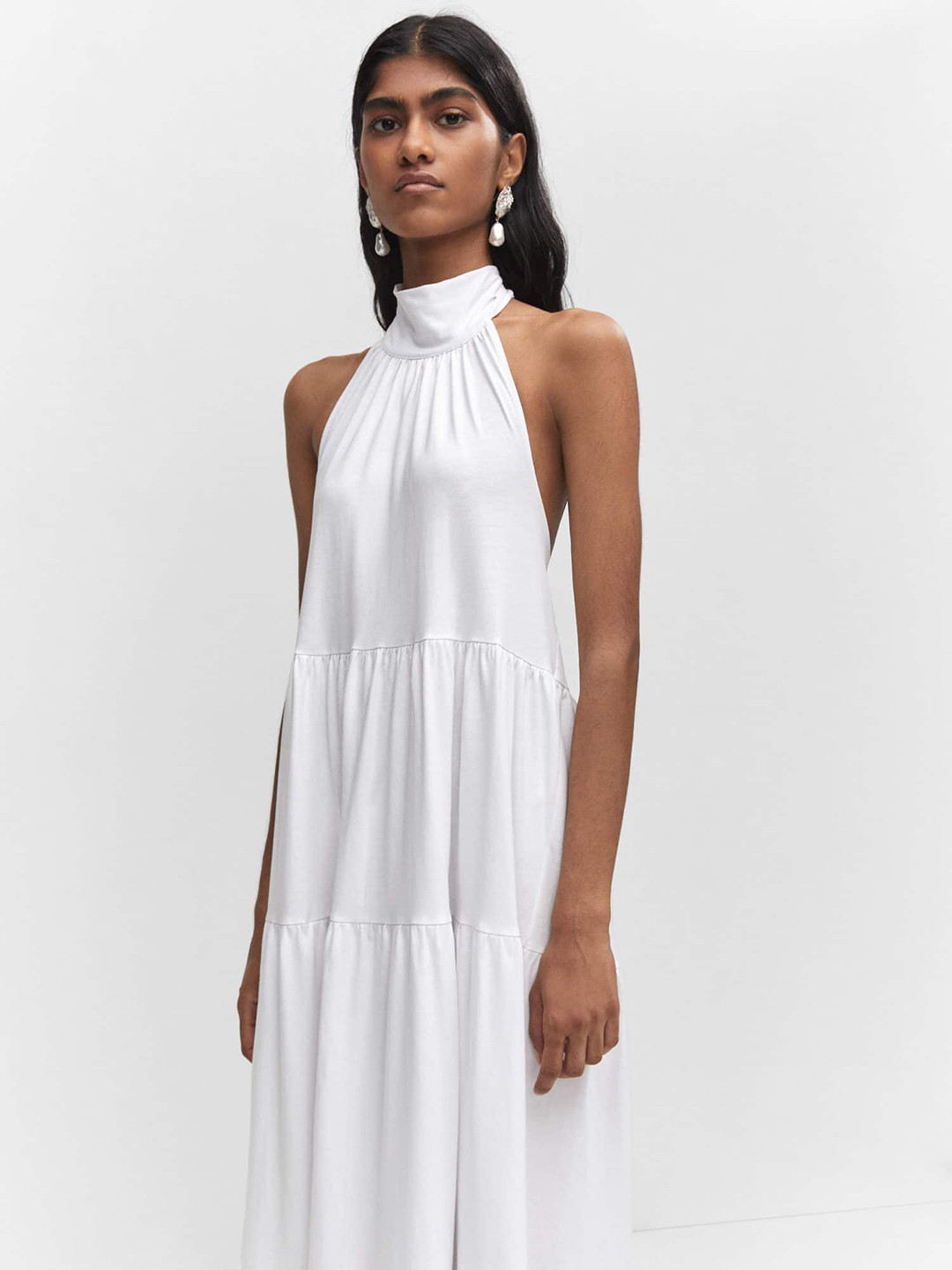 MANGO Pure Cotton Halter Neck Open-Back Tiered Maxi Dress