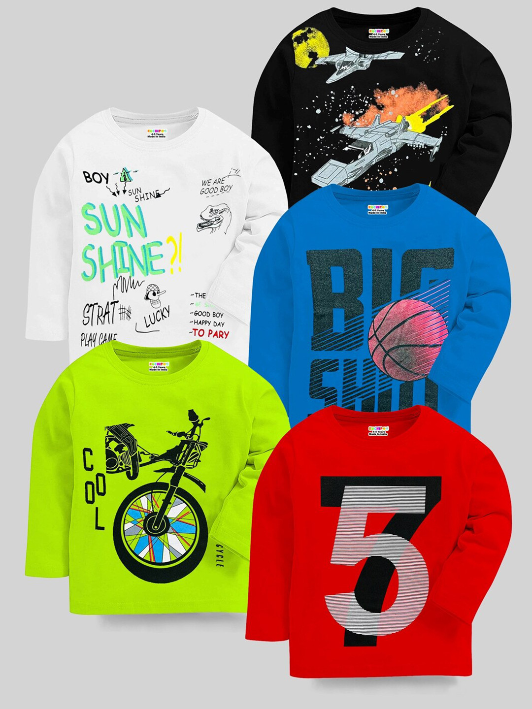 KUCHIPOO Kids Pack Of  5 Printed Cotton Regular T-shirt