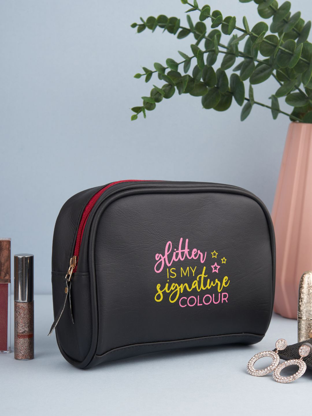 Doodle Typography Printed Vegan Leather Pouch