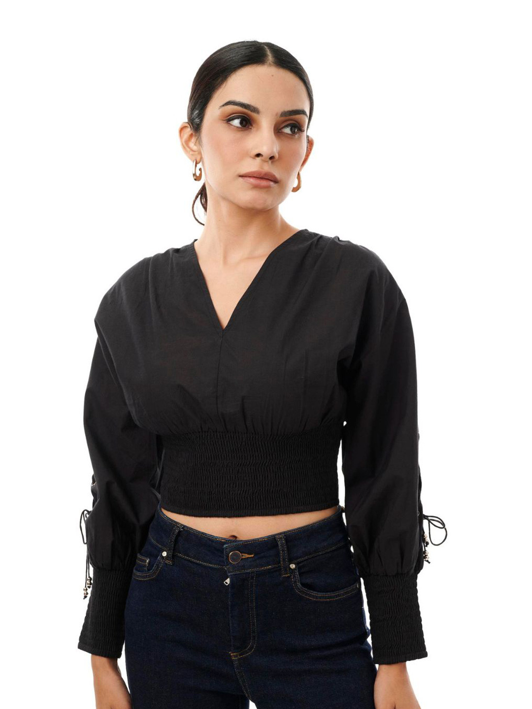 Style Island V-Neck Smocked Pure Cotton Blouson Crop Top