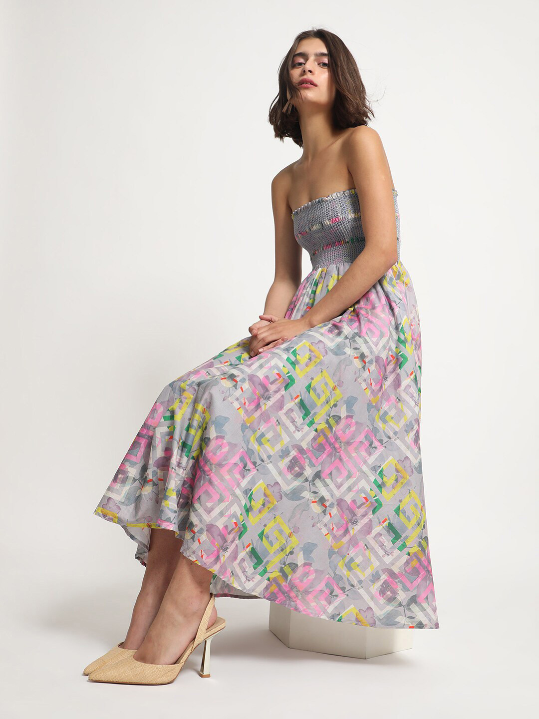 RAREISM Geo Floral Printed Off-Shoulder Fit & Flare Tube Midi Dress