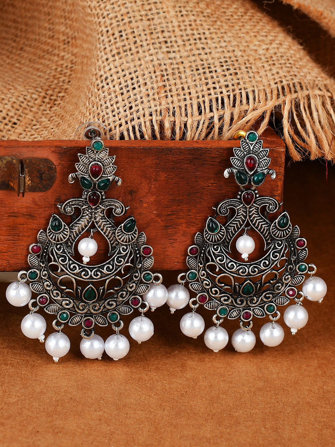 AQUASTREET Traditional Antique Black Silver plated Peacock design Drop Earrings