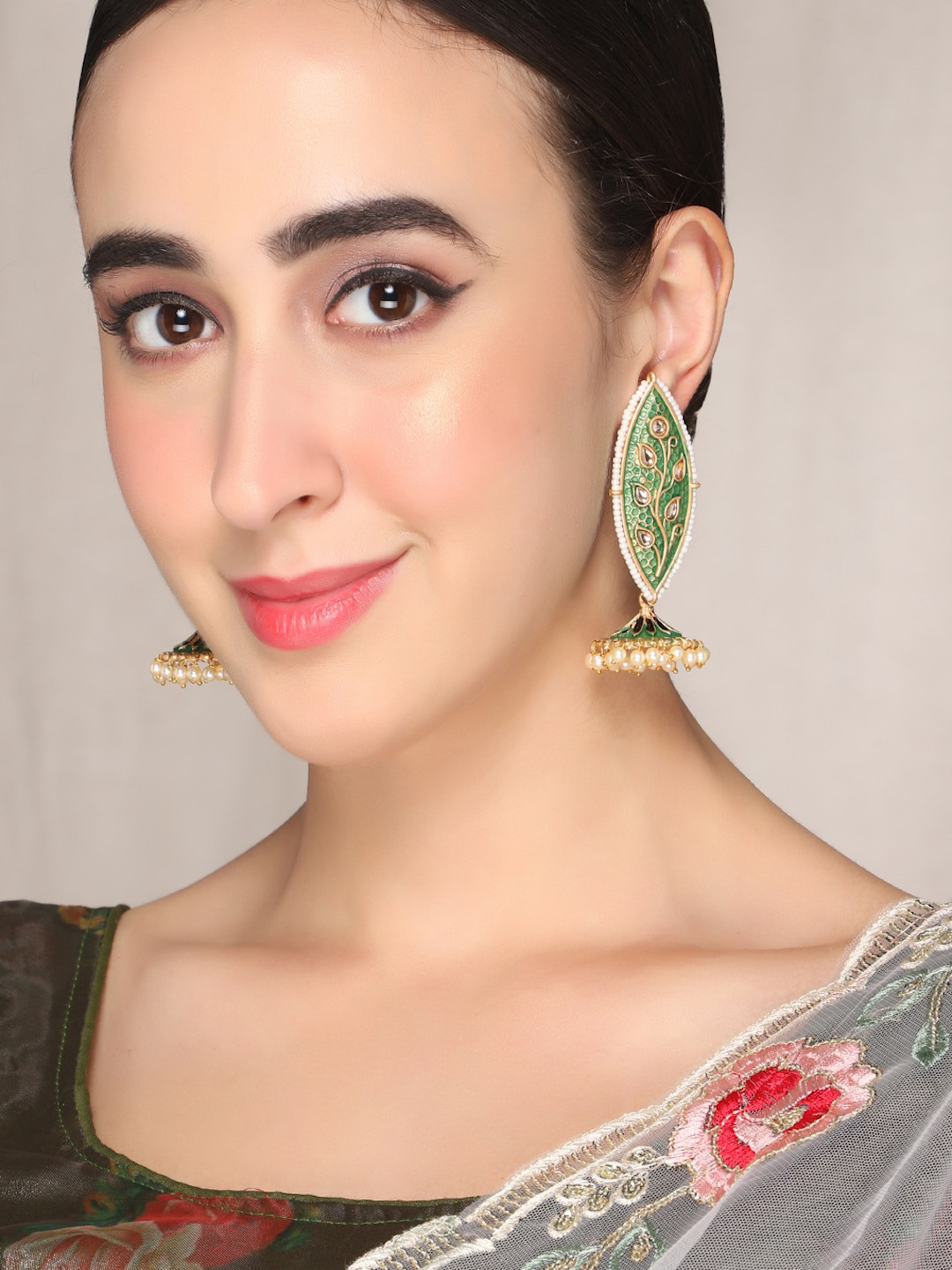 AQUASTREET Meenakari Leaf Designed Green Jhumkis Earrings Copper Gold Plated