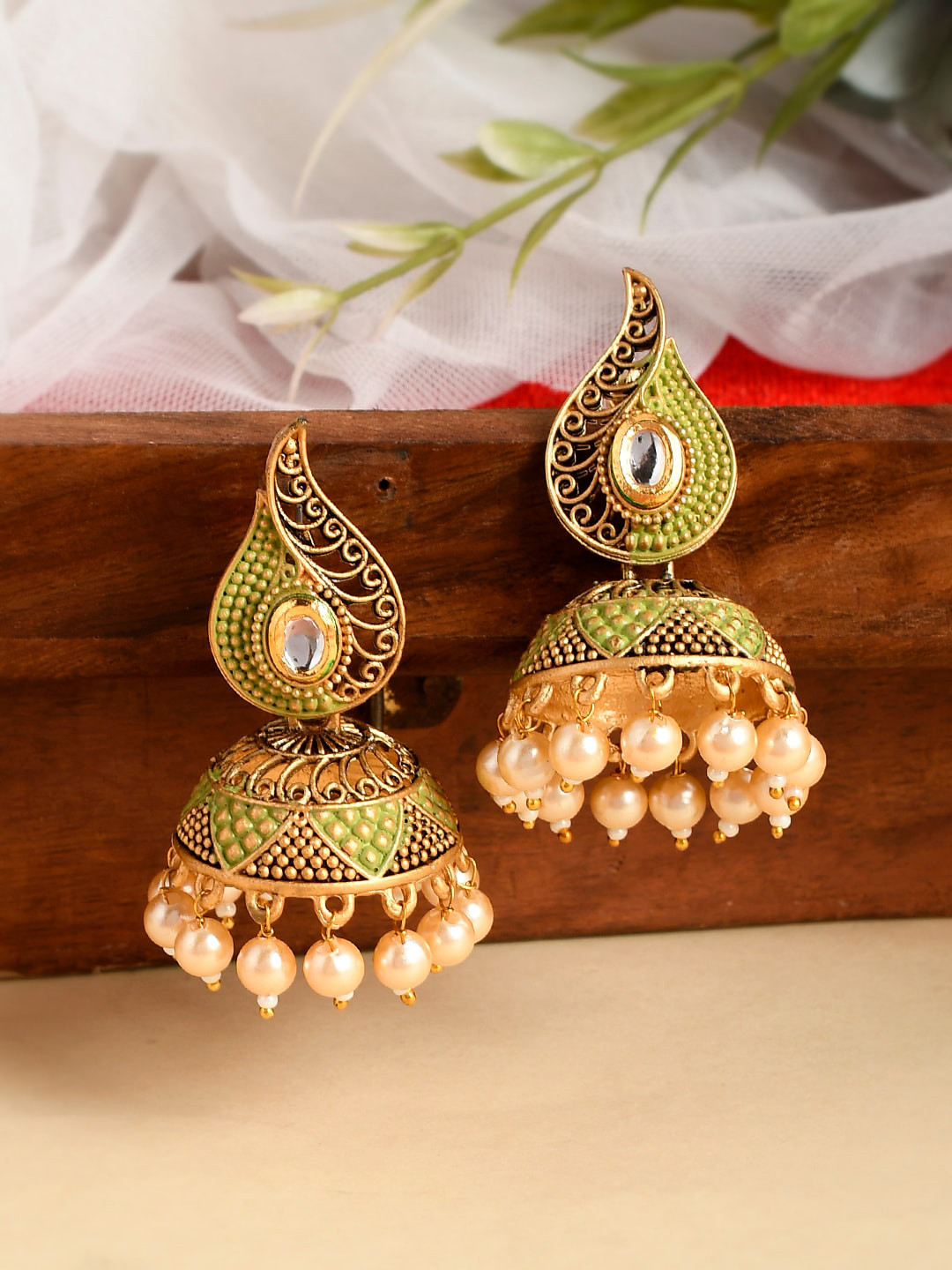 AQUASTREET Meenakari Green Jhumkis Earrings Copper Gold Plated