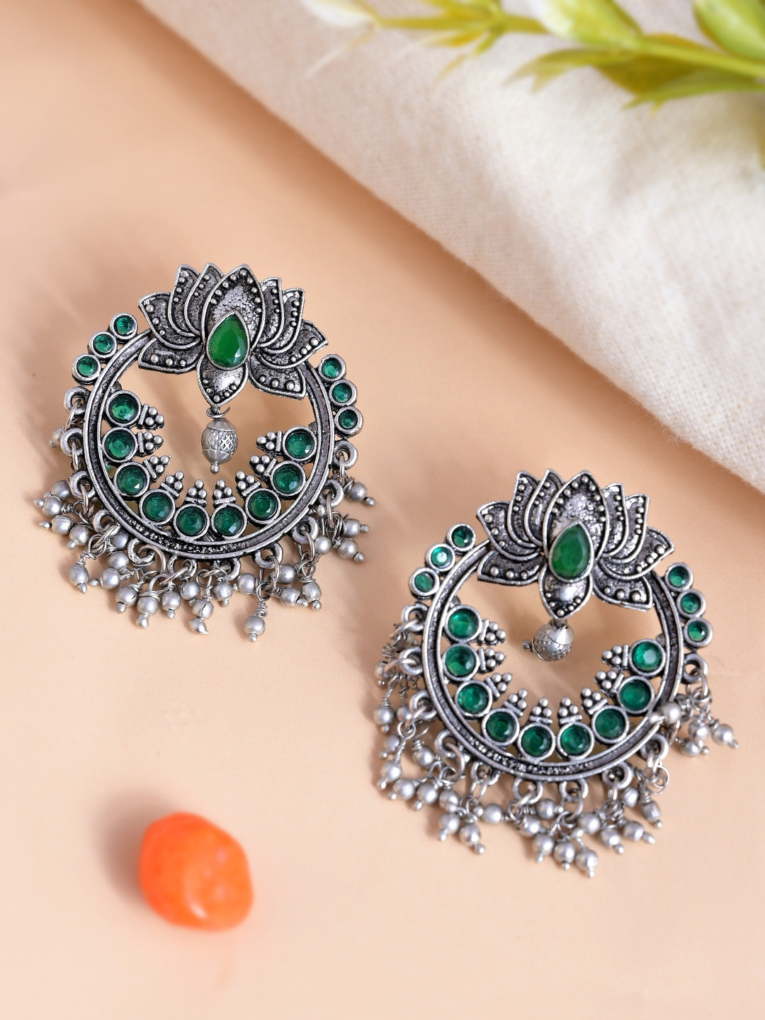 AQUASTREET Oxidised Lotus design Ethnic Drop Circular Big Studs Earrings Copper