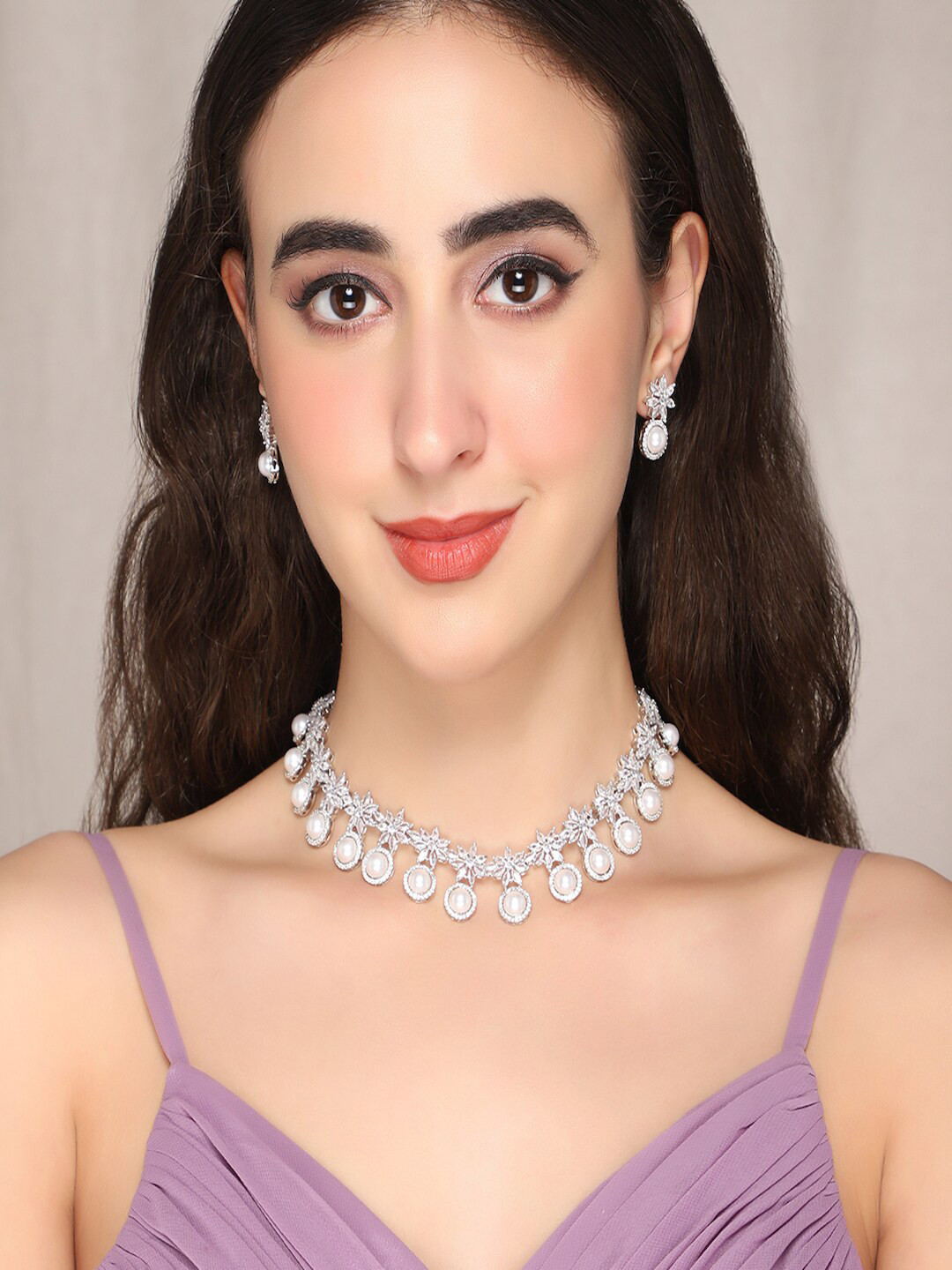 AQUASTREET Rhodium Plated Handcrafted White Brilliant Cut AD Necklace Set