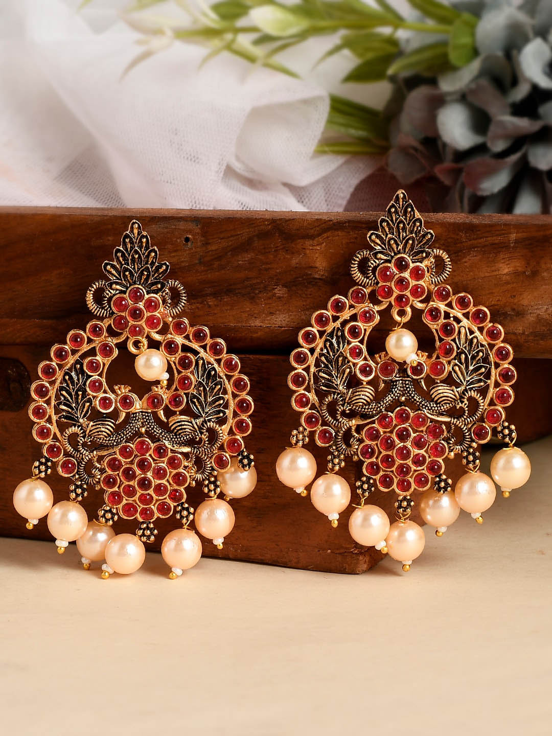 AQUASTREET Gold-Plated Red Kemp Stone Pearls Drop Chandbalis Earrings