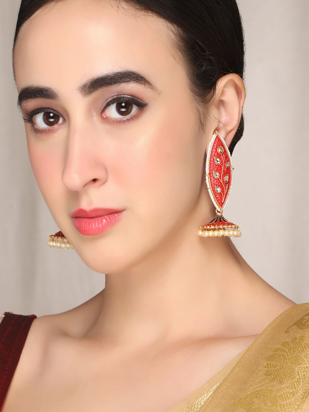 AQUASTREET Gold-Plated Meenakari Leaf Designed Red Jhumkis Earrings