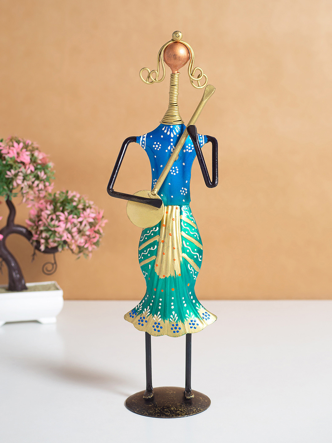 Golden Peacock Musician Lady Blue Metal Metallic Living Room Hand-Crafted Medium Showpiece - 12.6 Inches