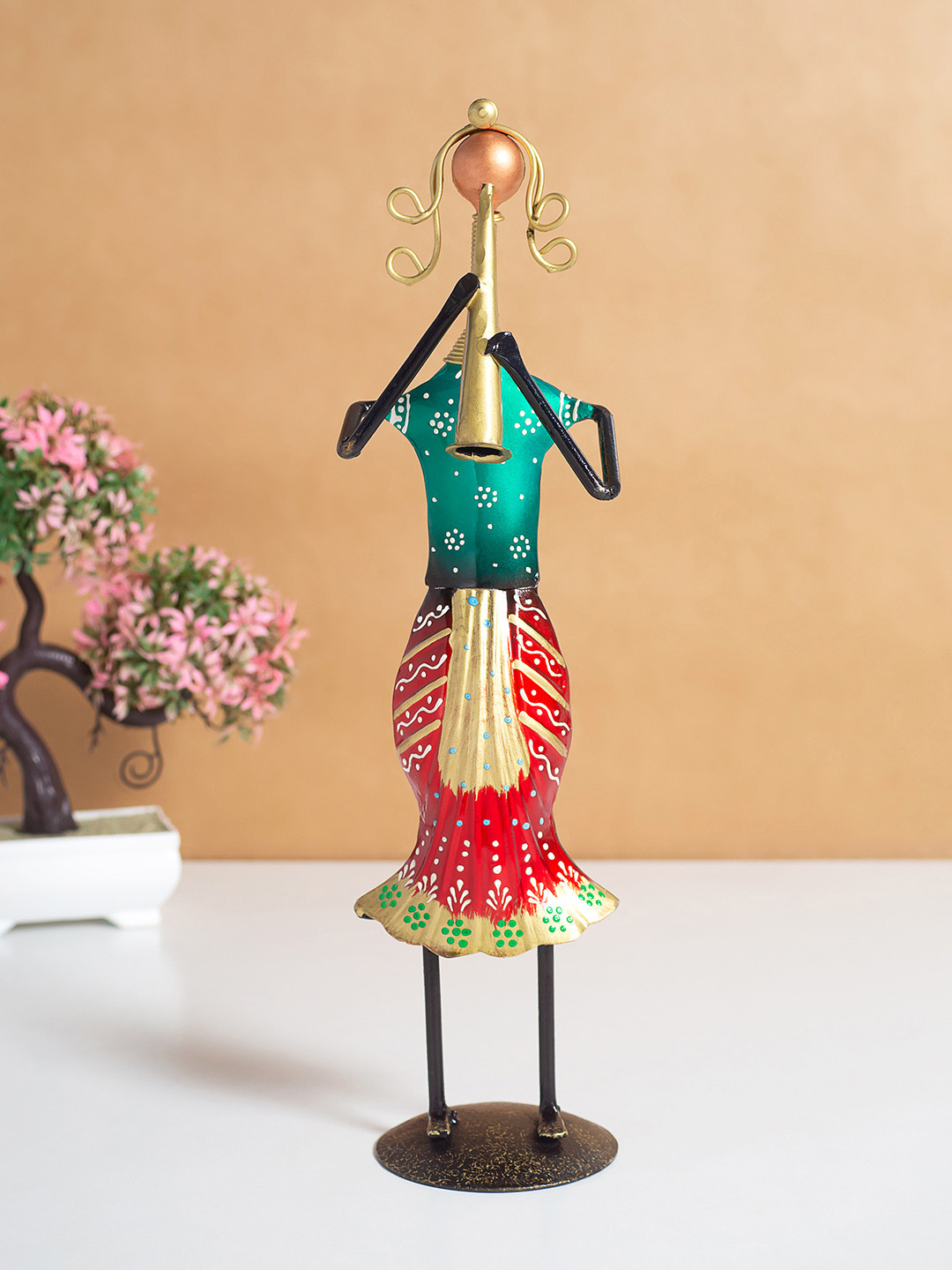 Golden Peacock Musician Lady Green Metal Metallic Living Room Hand-Crafted Medium Showpiece - 12.6 Inches