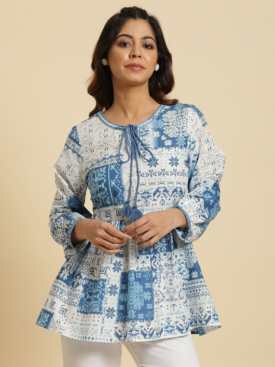 W  Floral Printed Tie-Up Neck Cotton Cinched Waist Top