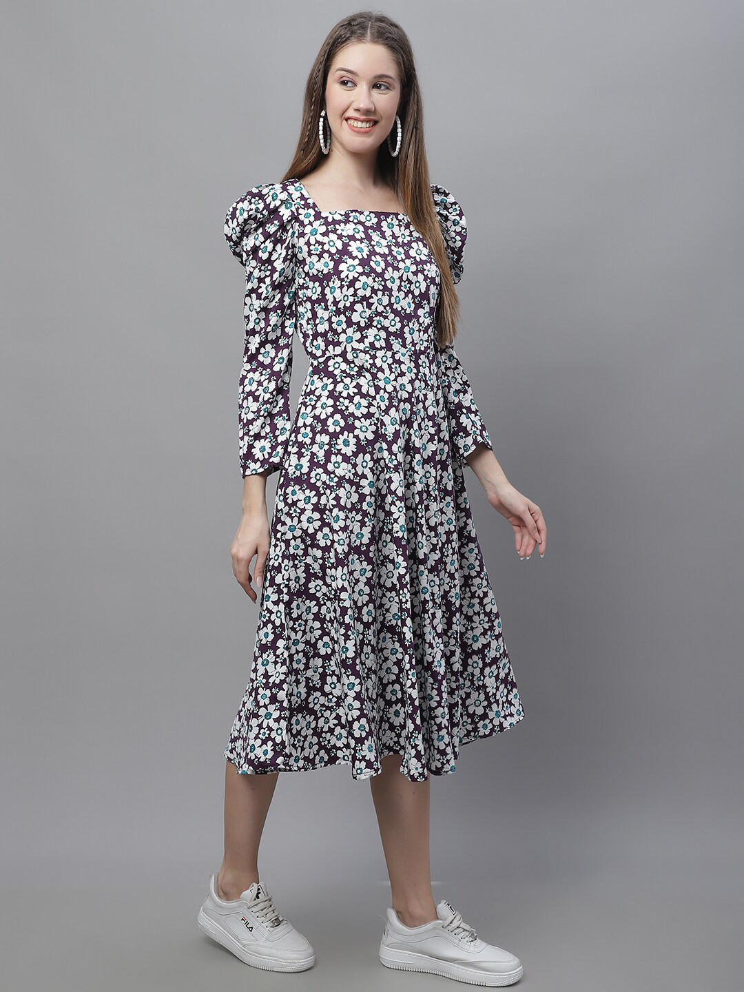 JAINISH Floral Printed Square Neck Puffed Sleeves Fit & Flare Midi Dress