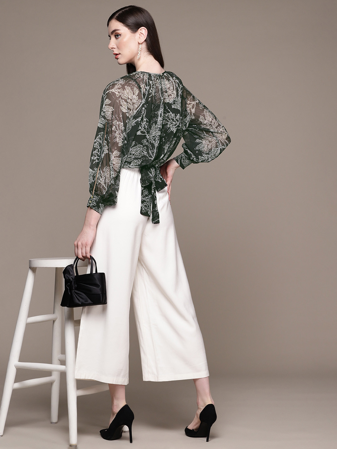 aarke Ritu Kumar Floral Print Puff Sleeve Chiffon Top with Camisole