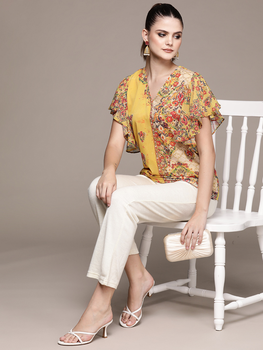 aarke Ritu Kumar Floral Print Flutter Sleeve Chiffon Top