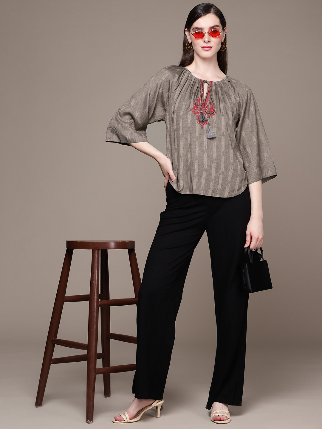 aarke Ritu Kumar Grey Print Tie-Up Neck Top