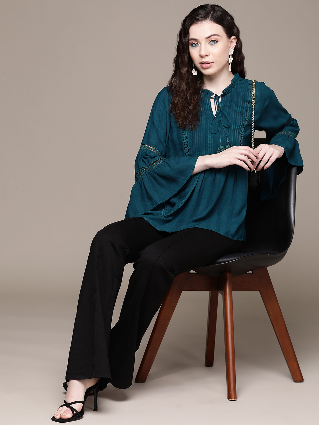 aarke Ritu Kumar Striped Tie-Up Neck Bell Sleeves Longline Top