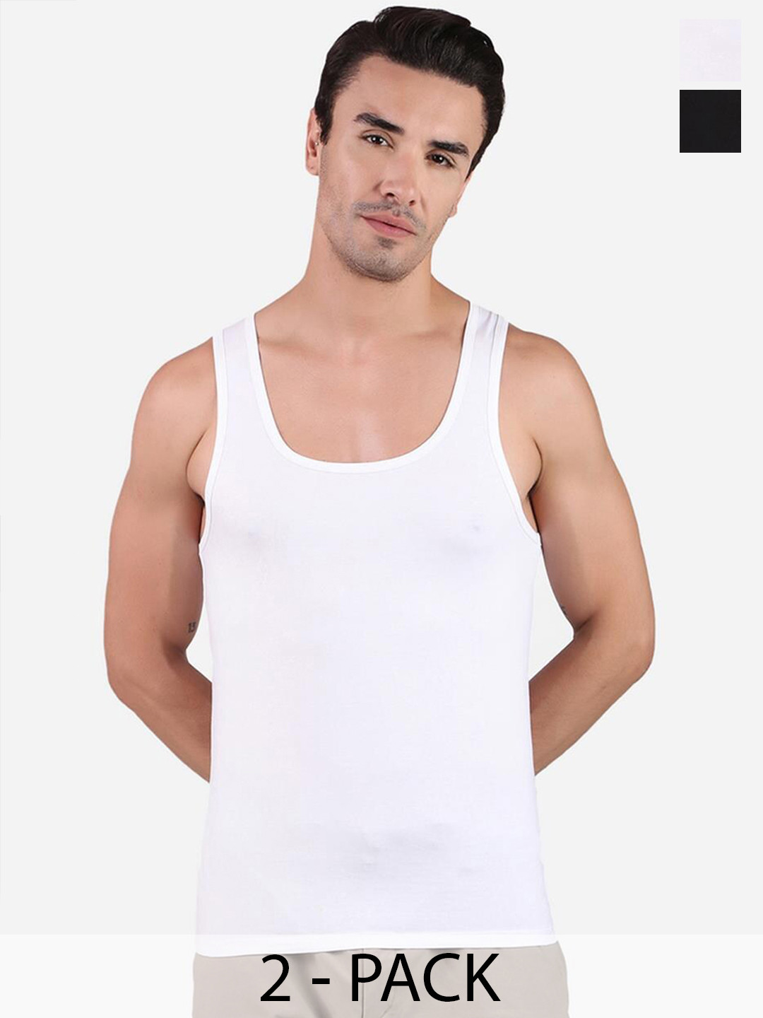 FREECULTR Men Pack Of 2 Scoop Neck Organic Cotton Innerwear Vests FC-CTN-VT-WHT-BLK-02