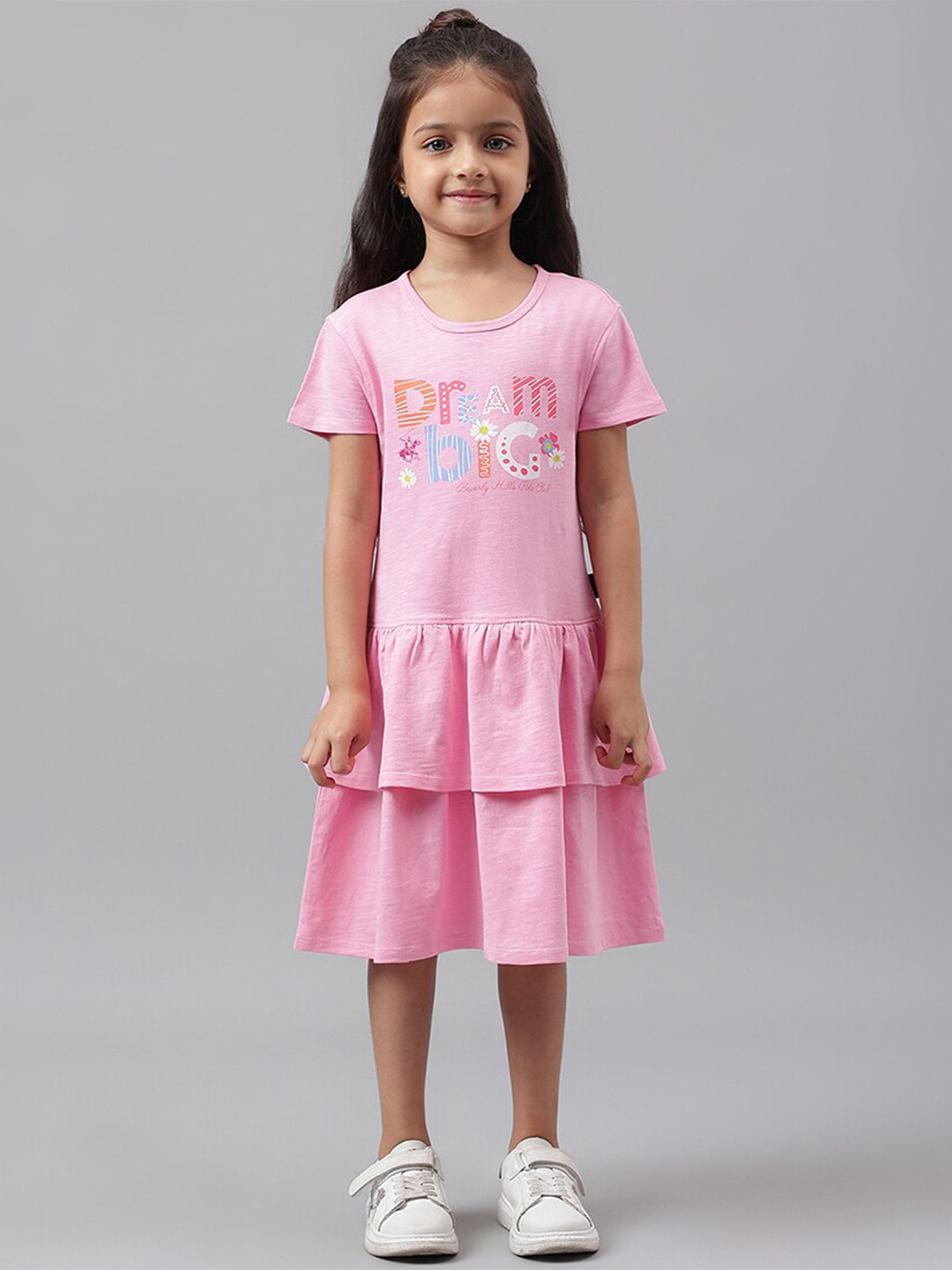 Beverly Hills Polo Club Girls Typography Printed Layered Pure Cotton A-Line Midi Dress
