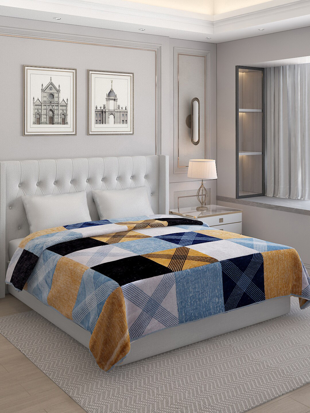 Monte Carlo Blue & White Geometric AC Room 300 GSM Double Bed Blanket