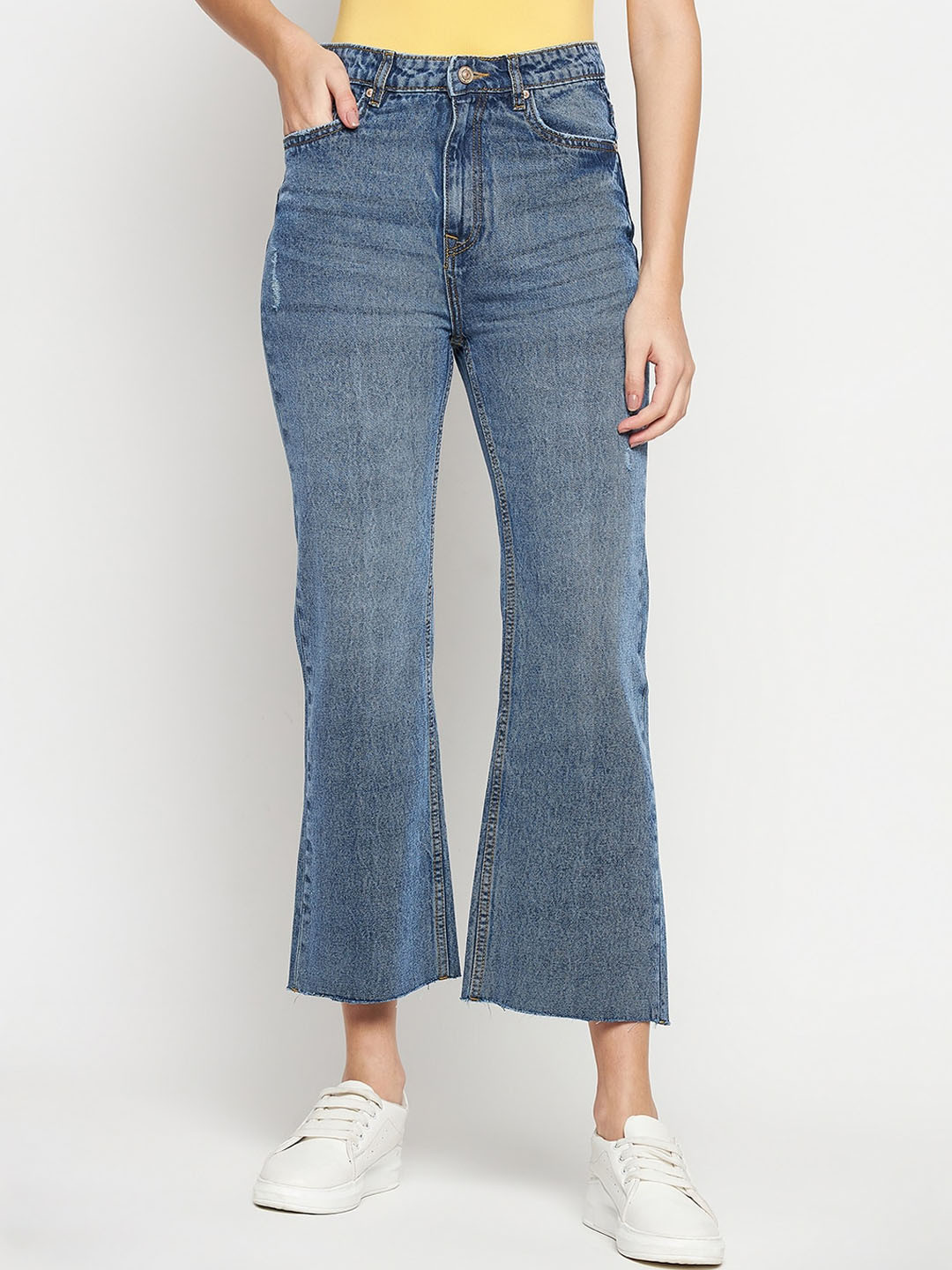 Madame Women Low Distress Light Fade Cropped Bootcut Jeans