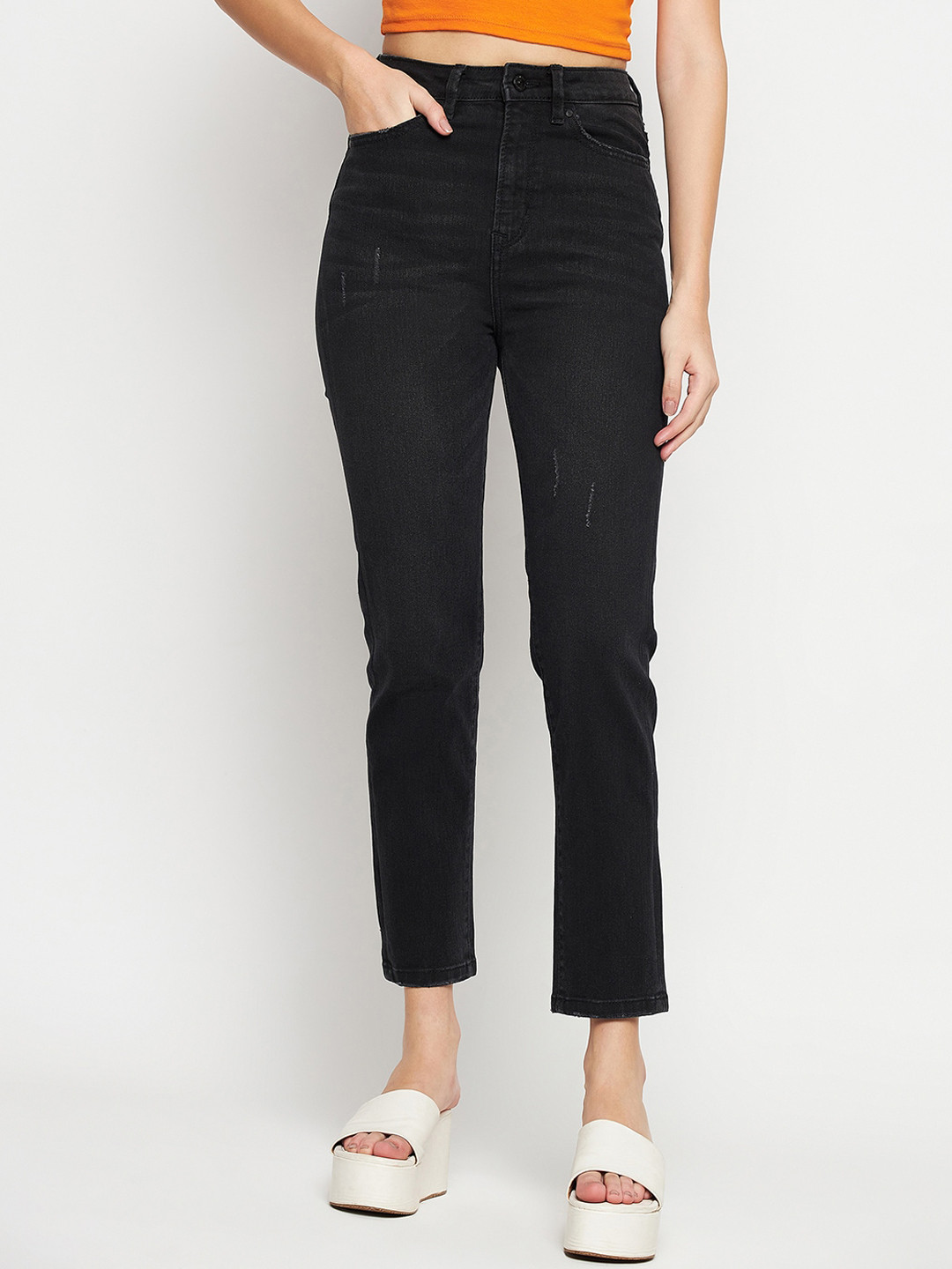 Madame Women Low Distress Mid Rise Cotton Cropped Jeans