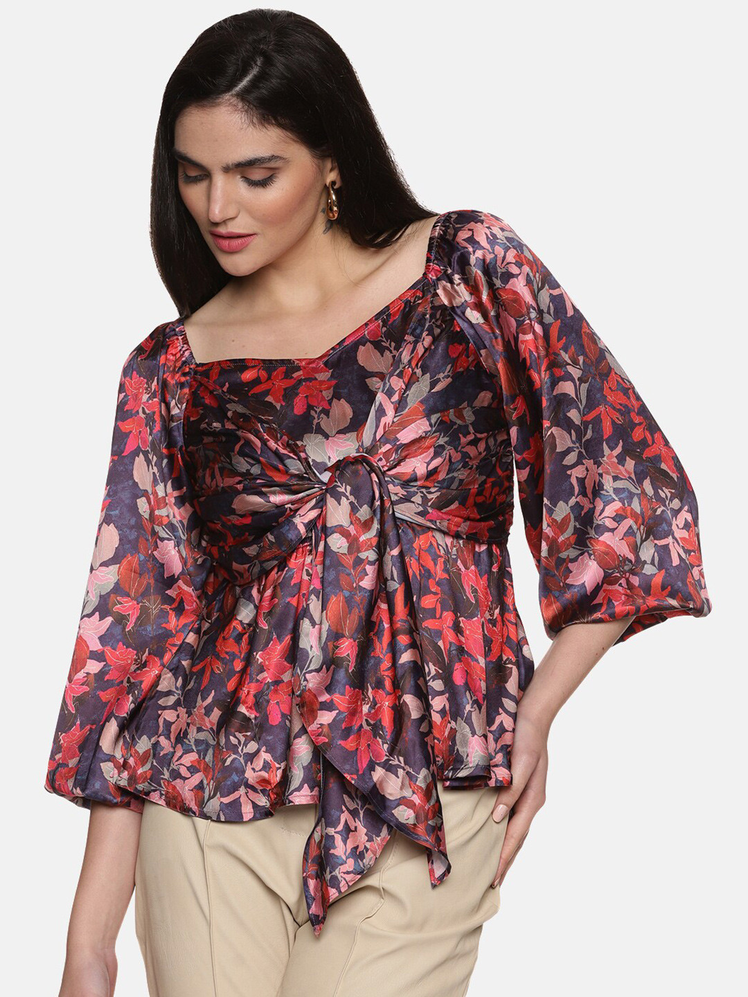 ISU Floral Printed Sweetheart Neck Puff Sleeve Tie-Ups Peplum Top