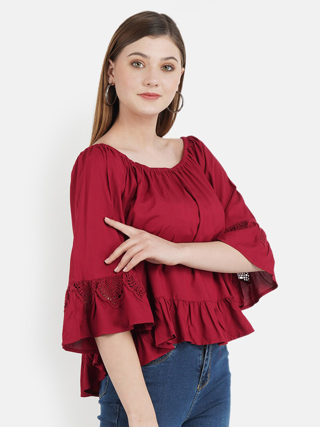 Aditi Wasan Round Neck Flared Lace Inserts Peplum Top