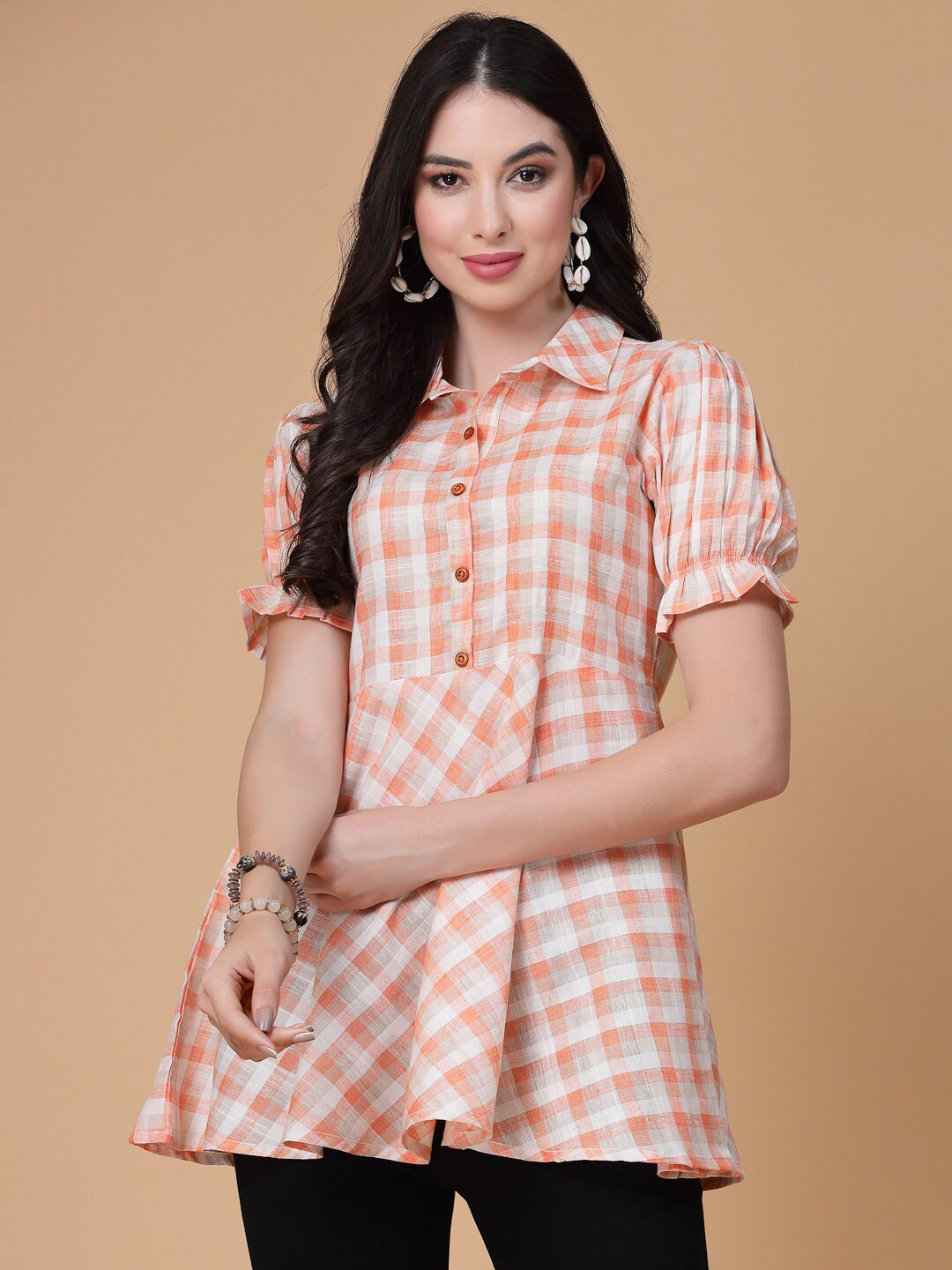 God Bless Checked Shirt Collar Puff Sleeves Shirt Style Top