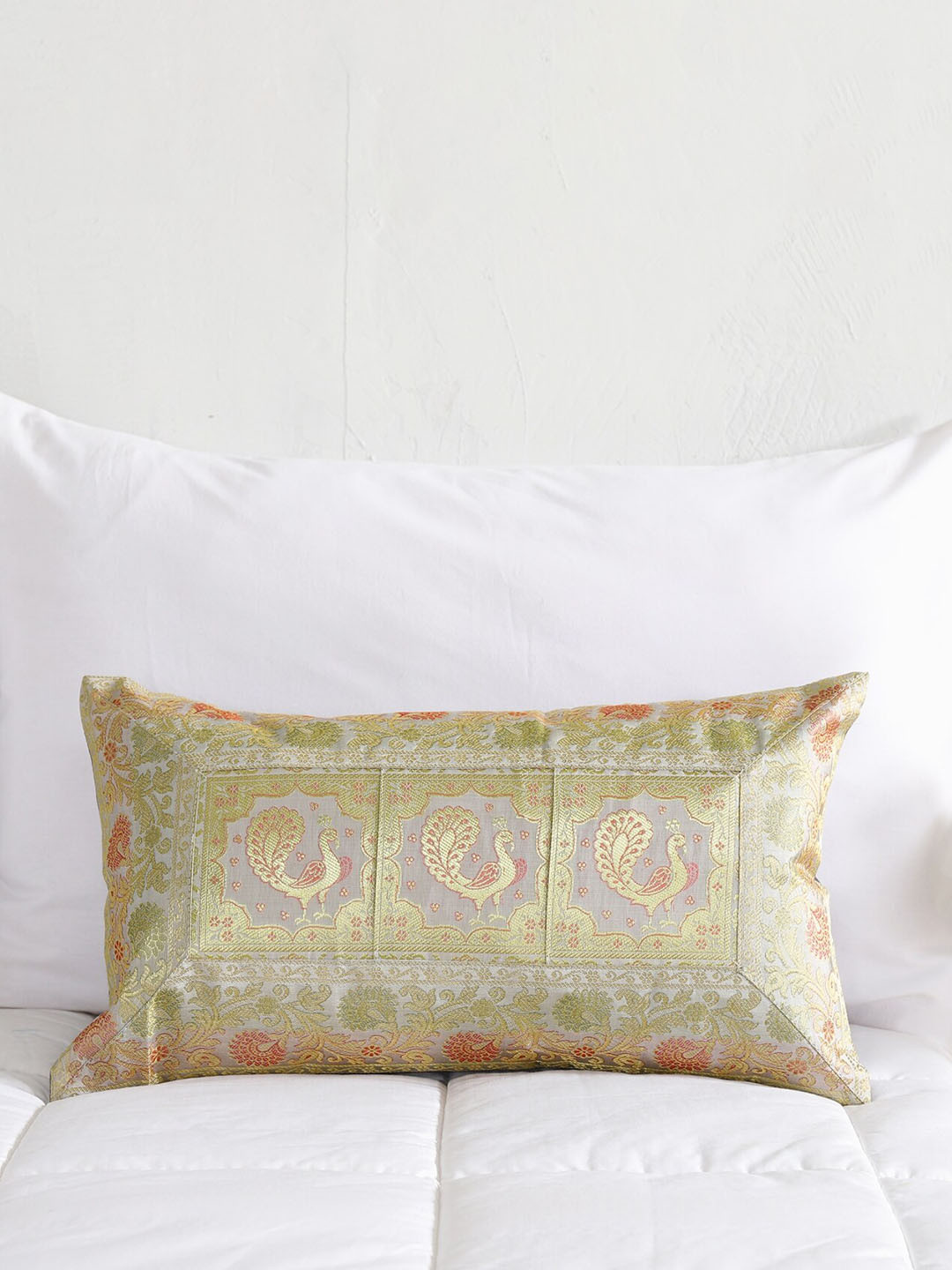 HANDICRAFT PALACE Brocade Silk Peacock Ethnic Motifs Washable Zari Cushion Cover -12x20In