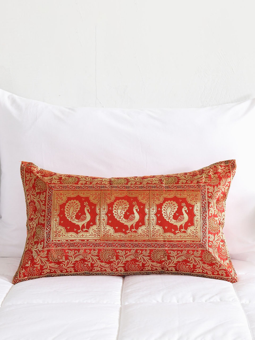 HANDICRAFT PALACE Red & Gold-Toned Ethnic Motifs Brocade Silk Rectangle Cushion Cover