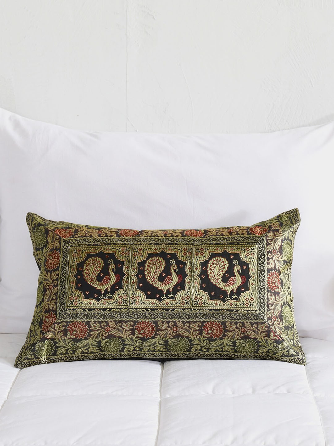 HANDICRAFT PALACE Peacock Ethnic Motifs Polyester Silk Zari Cushion Cover -12x20In